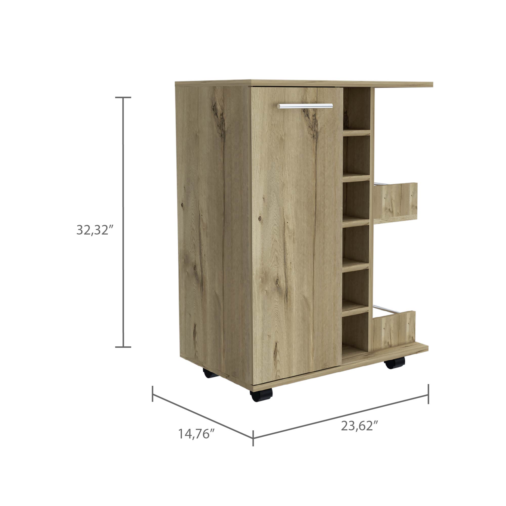 Bar Cart, Two External Shelves, Four Casters, Six Built-in Wine Rack, Single Door Cabinet -Light Oak